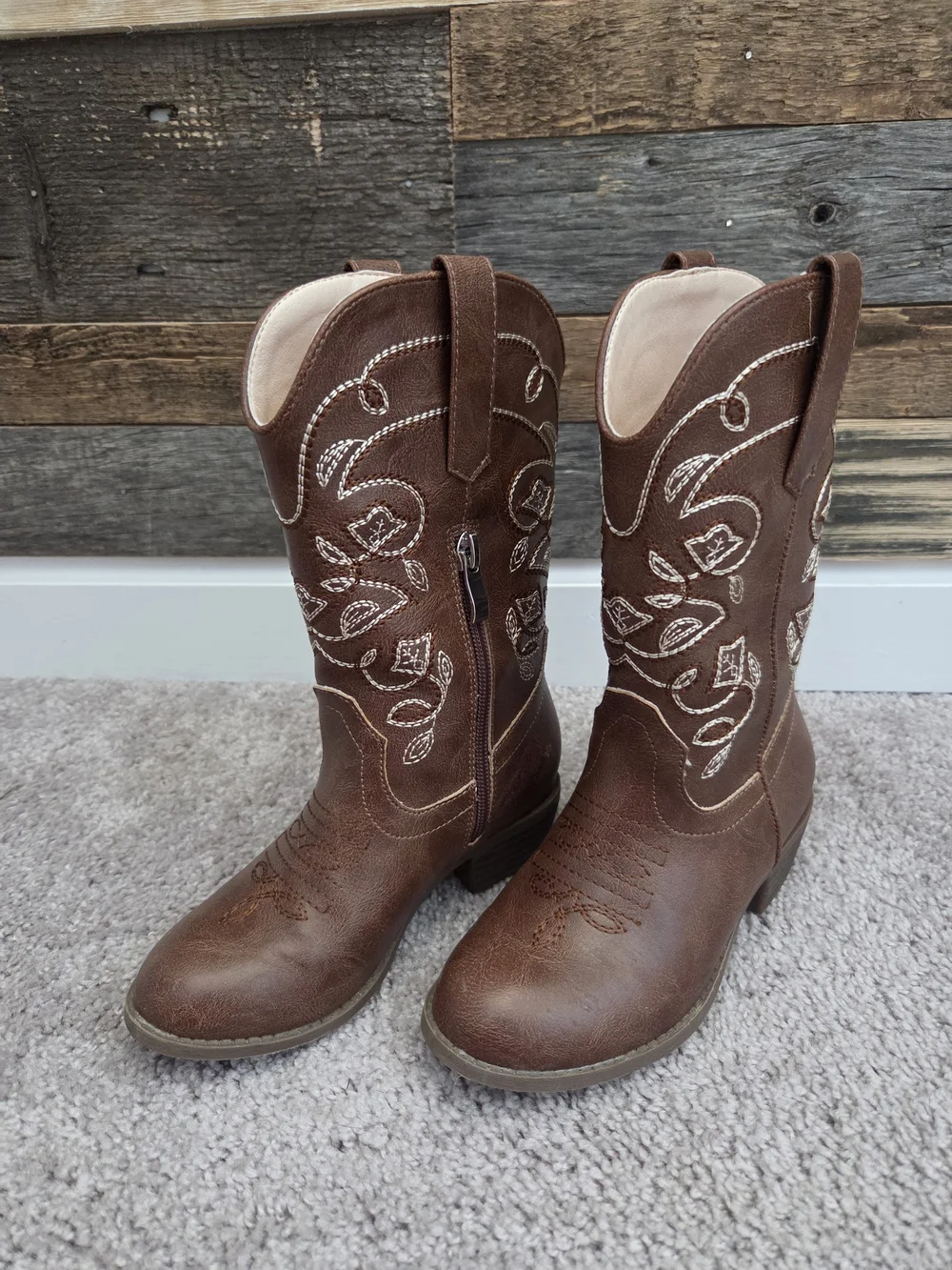 Girls' Brown Embroidered Western Zip-Style Cowgirl Boots US Size 12